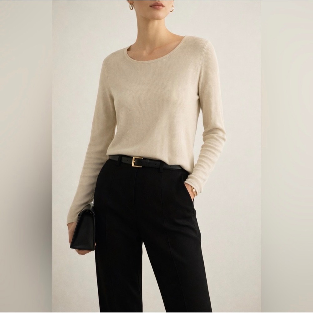 St. John Ribbed Knit Wool Blend Long Sleeve Top Beige Size L